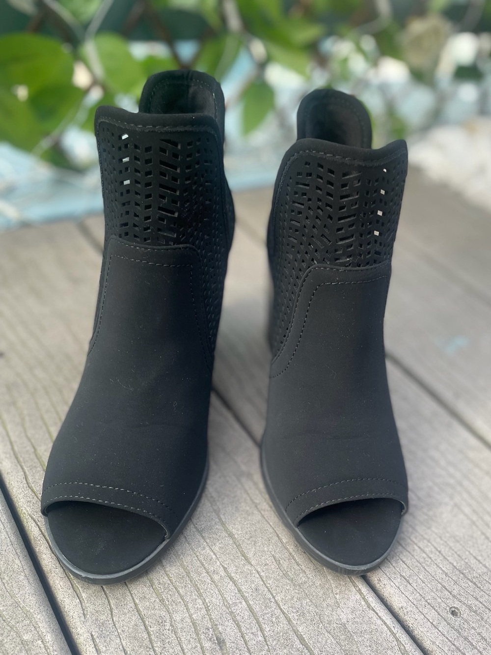 Soda Black Laser-Cut Peep-Toe Ankle Booties